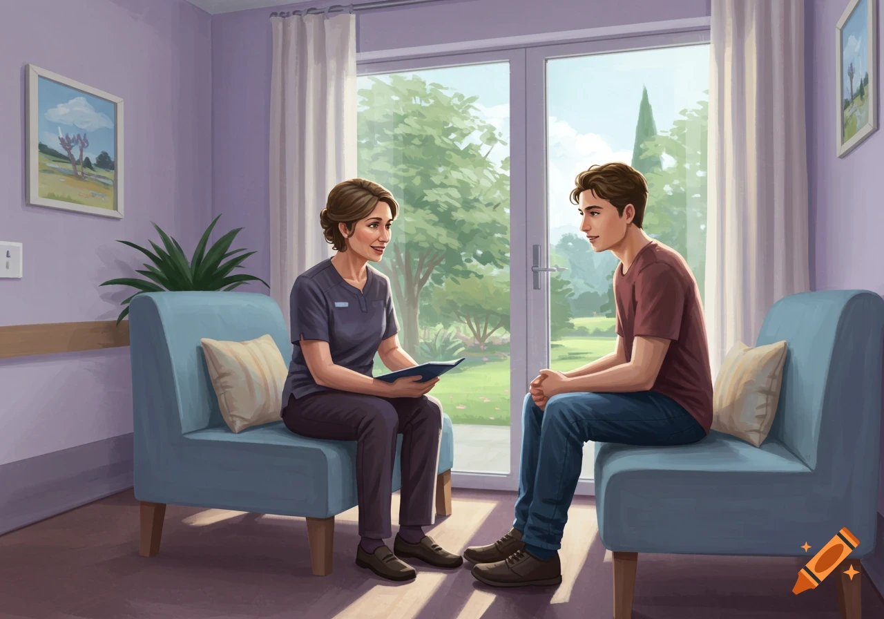 Illustration of a staff member and patient talking in a bright room with large windows.