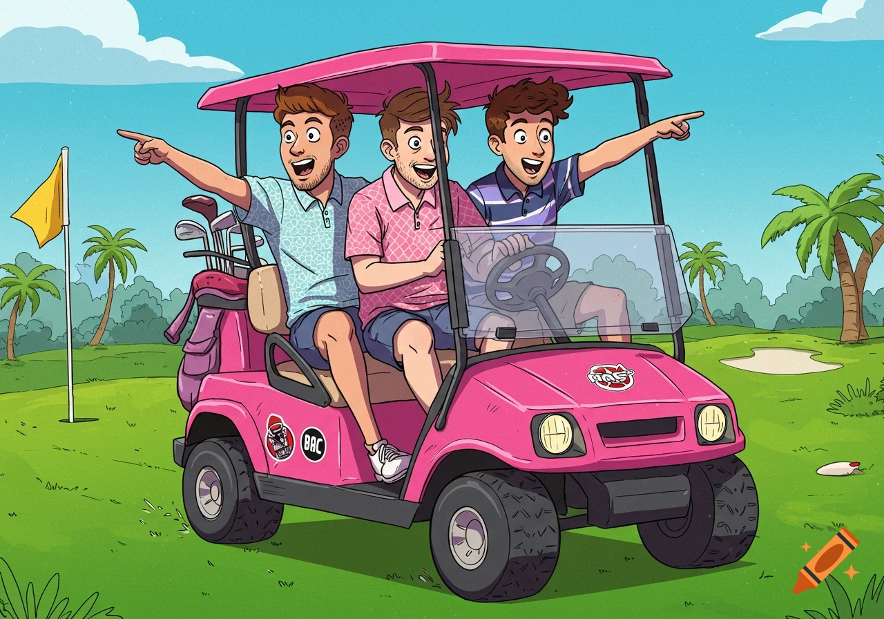 Three cartoon men ride in a pink golf cart on a golf course, pointing off-screen in a cartoon illustration style.