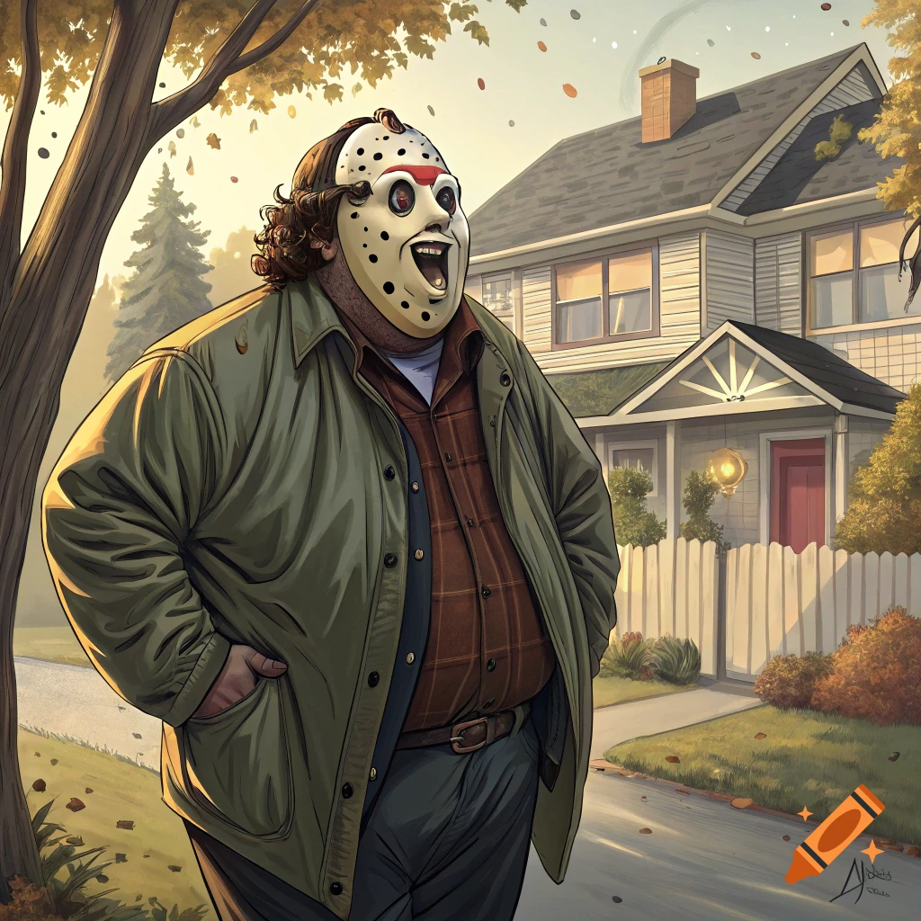 Illustration of a large man resembling Uncle Buck wearing a Jason mask, standing in front of a house in autumn.