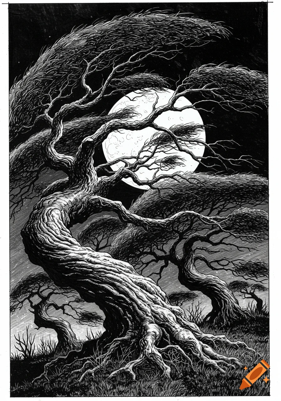 Detailed ink drawing of gnarled and twisted trees silhouetted against a full moon.