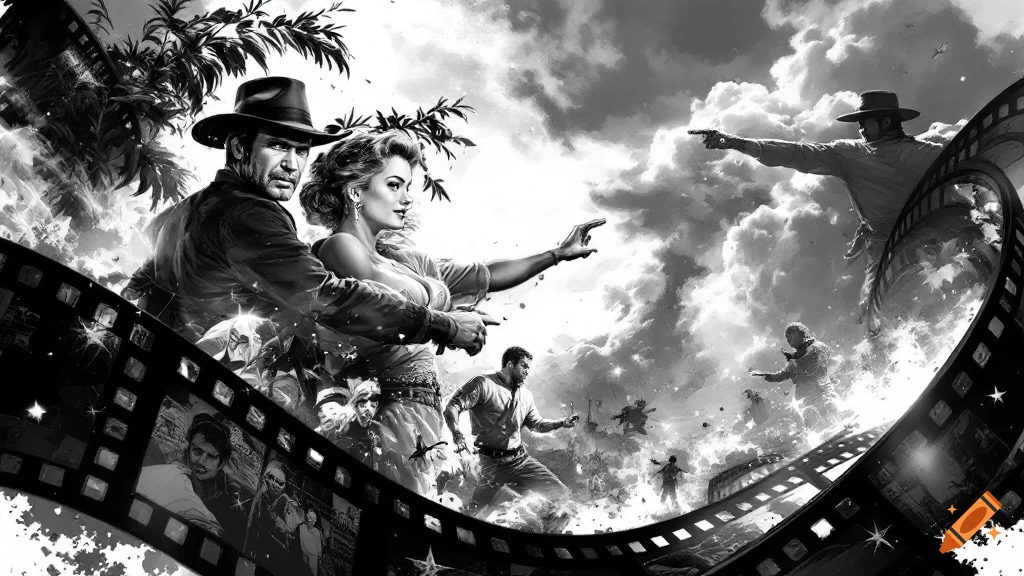 Black and white illustration of Western and action movie characters on a film reel