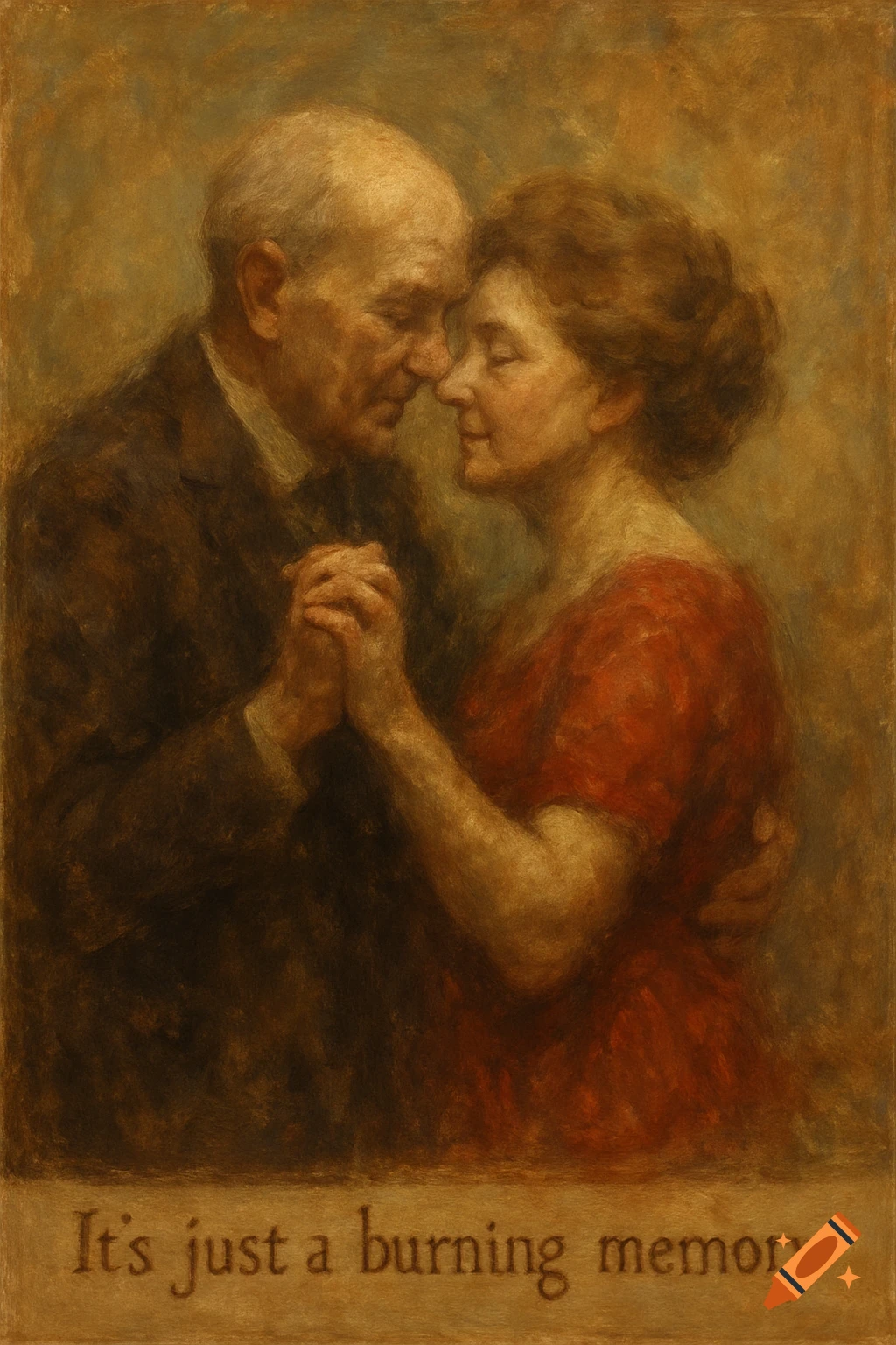 Painting of an elderly couple dancing closely, holding hands.