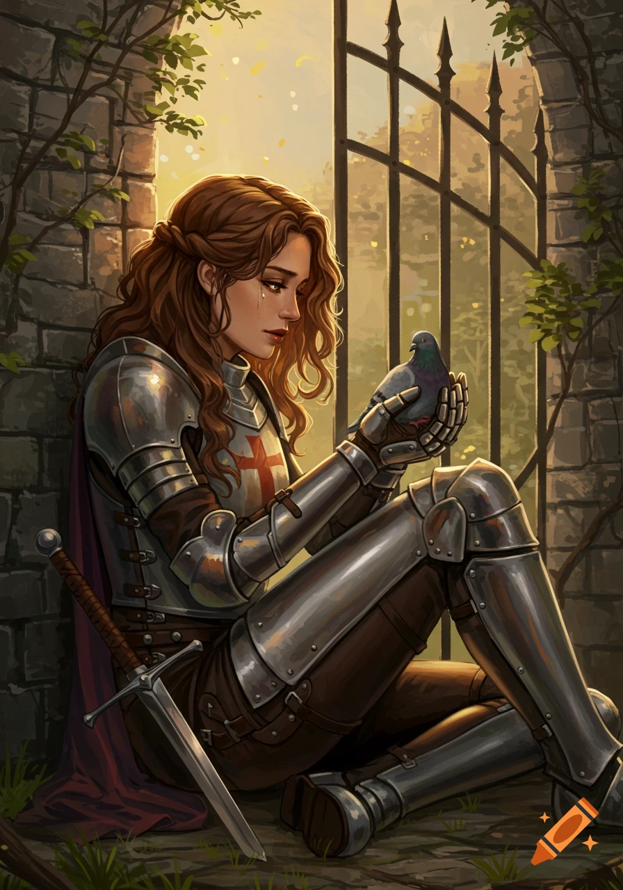 A woman knight in armor sits by a castle gate holding a pigeon.