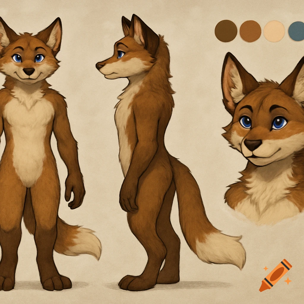 A furry character reference sheet showing a brown fox character in front, side, and head views with color swatches.
