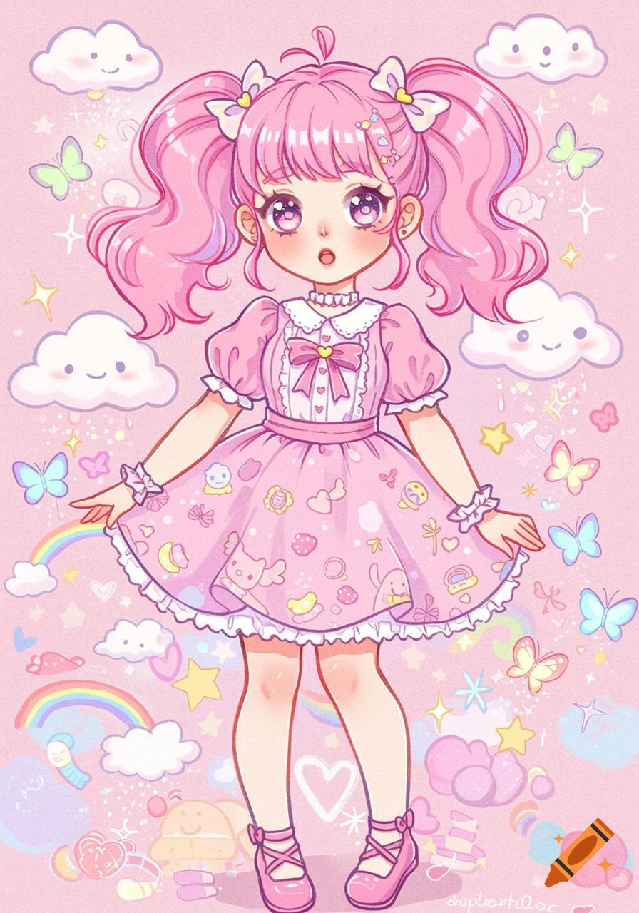 Cute illustration of a girl with pink pigtails in a dress surrounded by ...