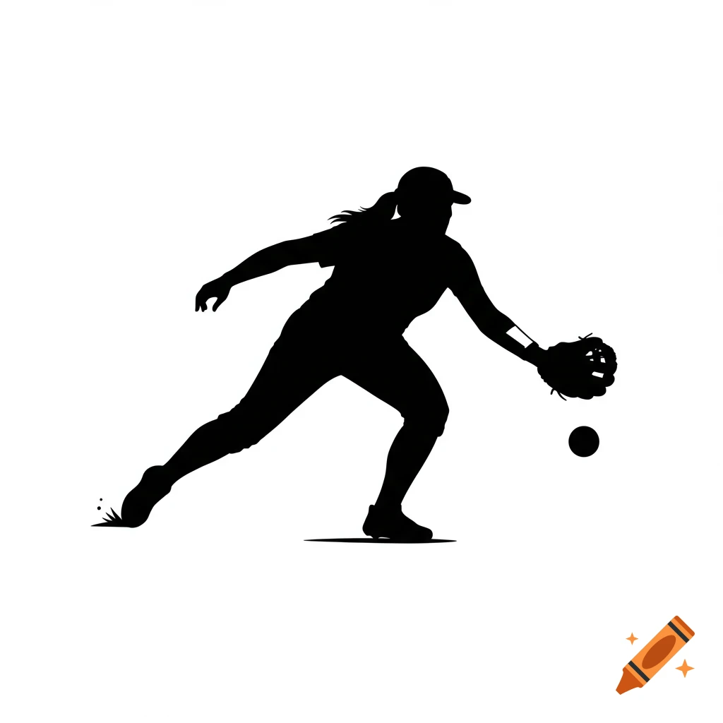 Black silhouette of a softball player fielding a ball.