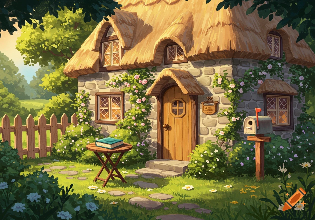 A charming stone cottage with a thatched roof and rose bushes in a garden with a wooden fence and a book on a table, illustration style.