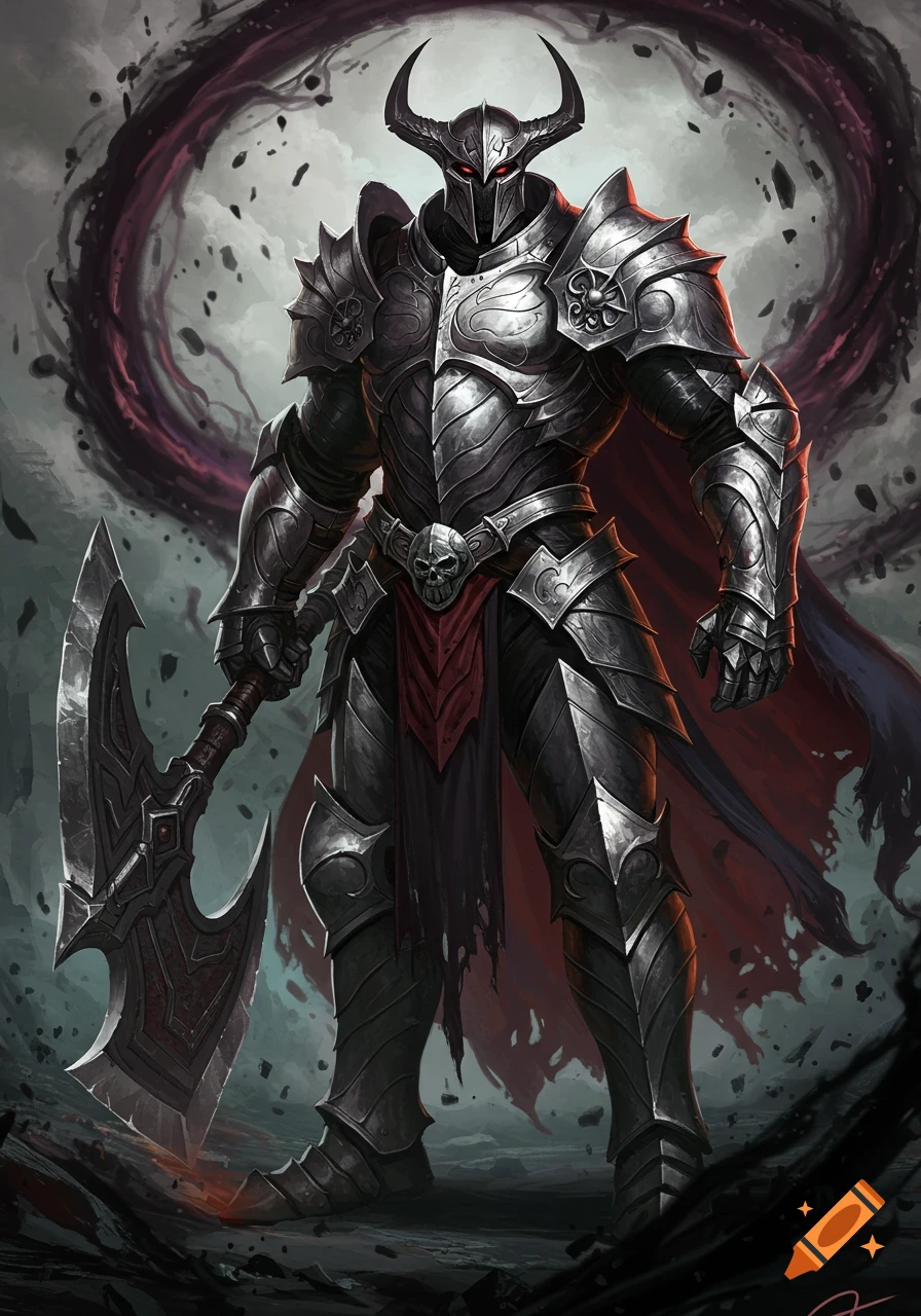 Full body portrait of a dark fantasy knight in elaborate dark armor holding a large axe.