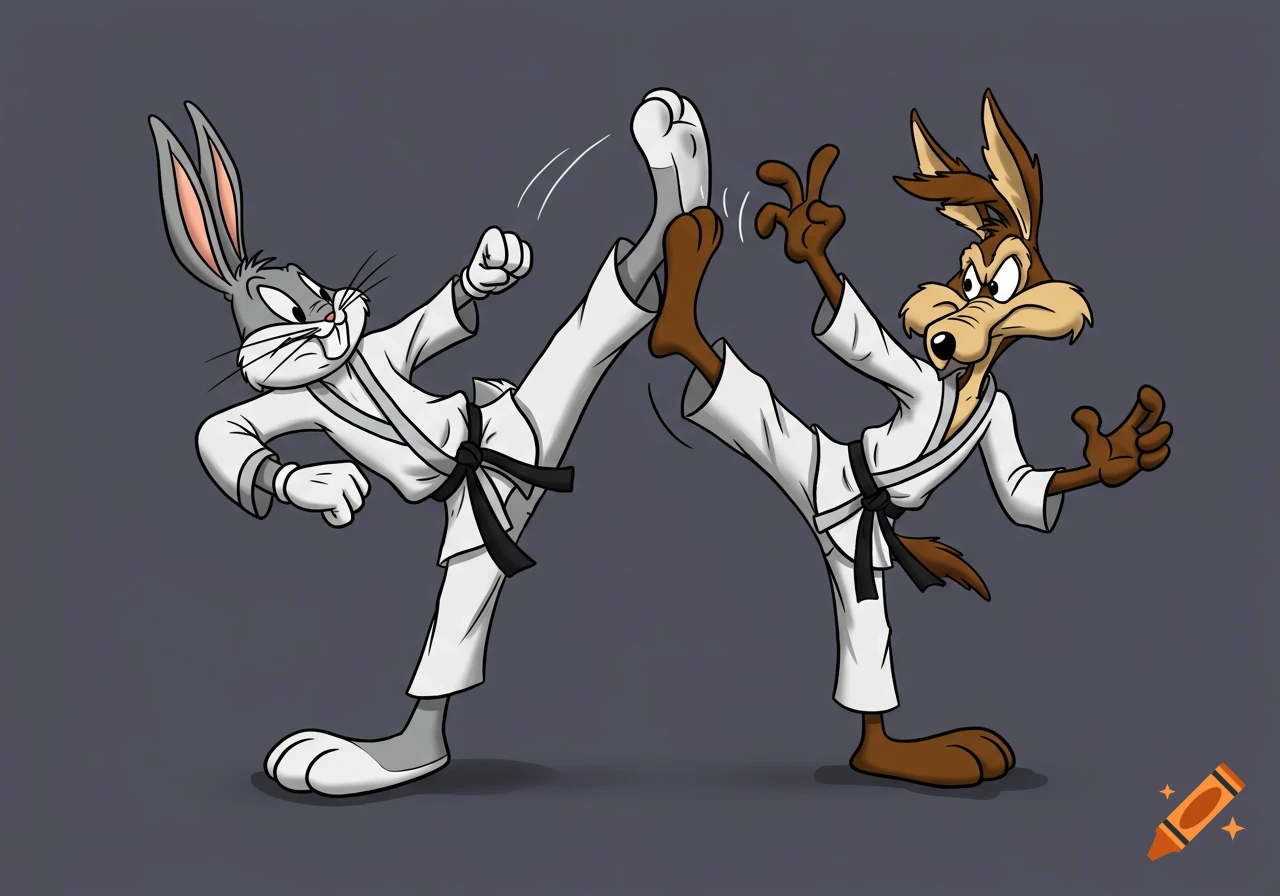 Bugs Bunny and Wile E Coyote in karate gis kicking