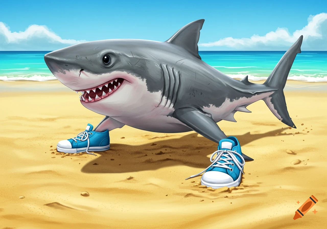 A cartoon shark stands on a sandy beach wearing blue sneakers.
