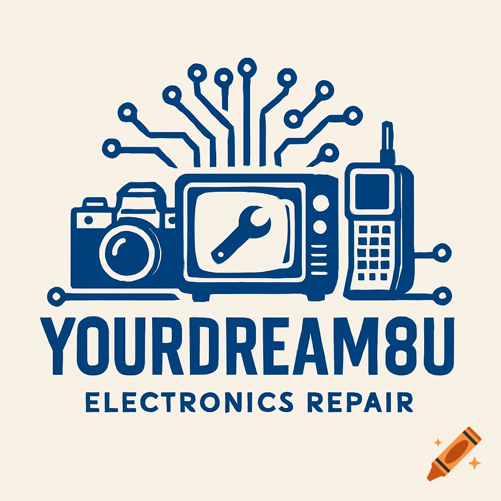 A blue logo featuring a camera, TV with wrench, and phone, above the text "YOURDREAM8U ELECTRONICS REPAIR".