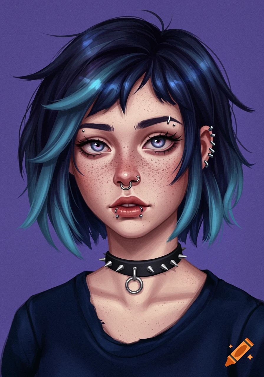Portrait of a pale girl with blue-black hair, freckles, and multiple facial piercings, in an illustration style.