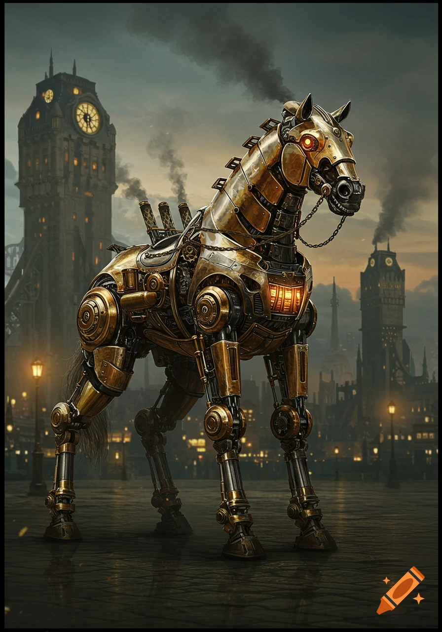 Steampunk mechanical horse stands in a city street with a large clock tower and buildings in the background.