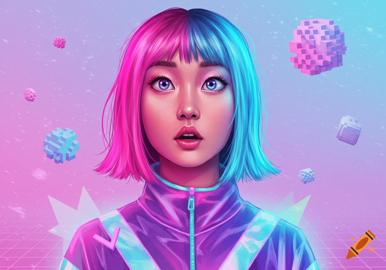 Portrait of woman with pink and blue hair in futuristic vaporwave style