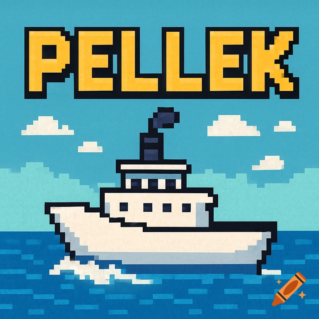 Pixel art illustration of a boat on the sea with the word PELLEK above it.