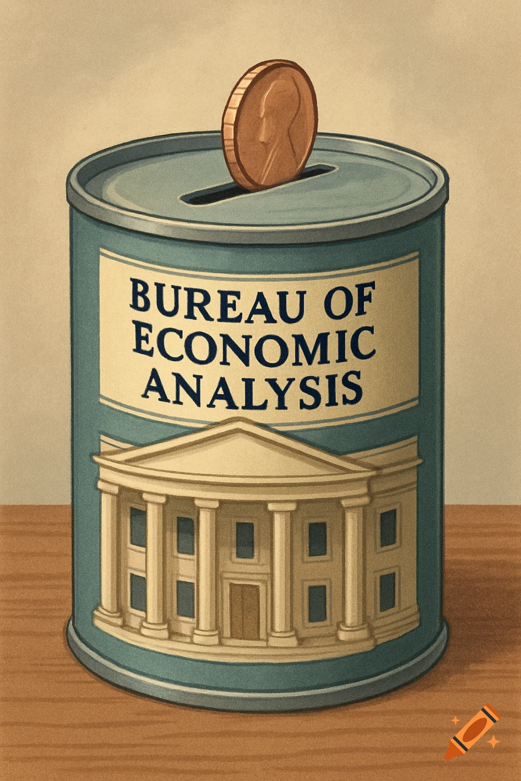 Illustrated coin bank labeled "Bureau of Economic Analysis" with a coin entering the slot.