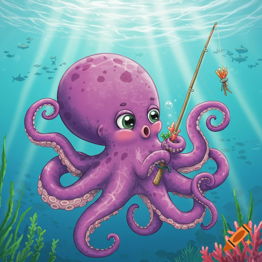 A cute purple octopus fishing underwater in a cartoon style.