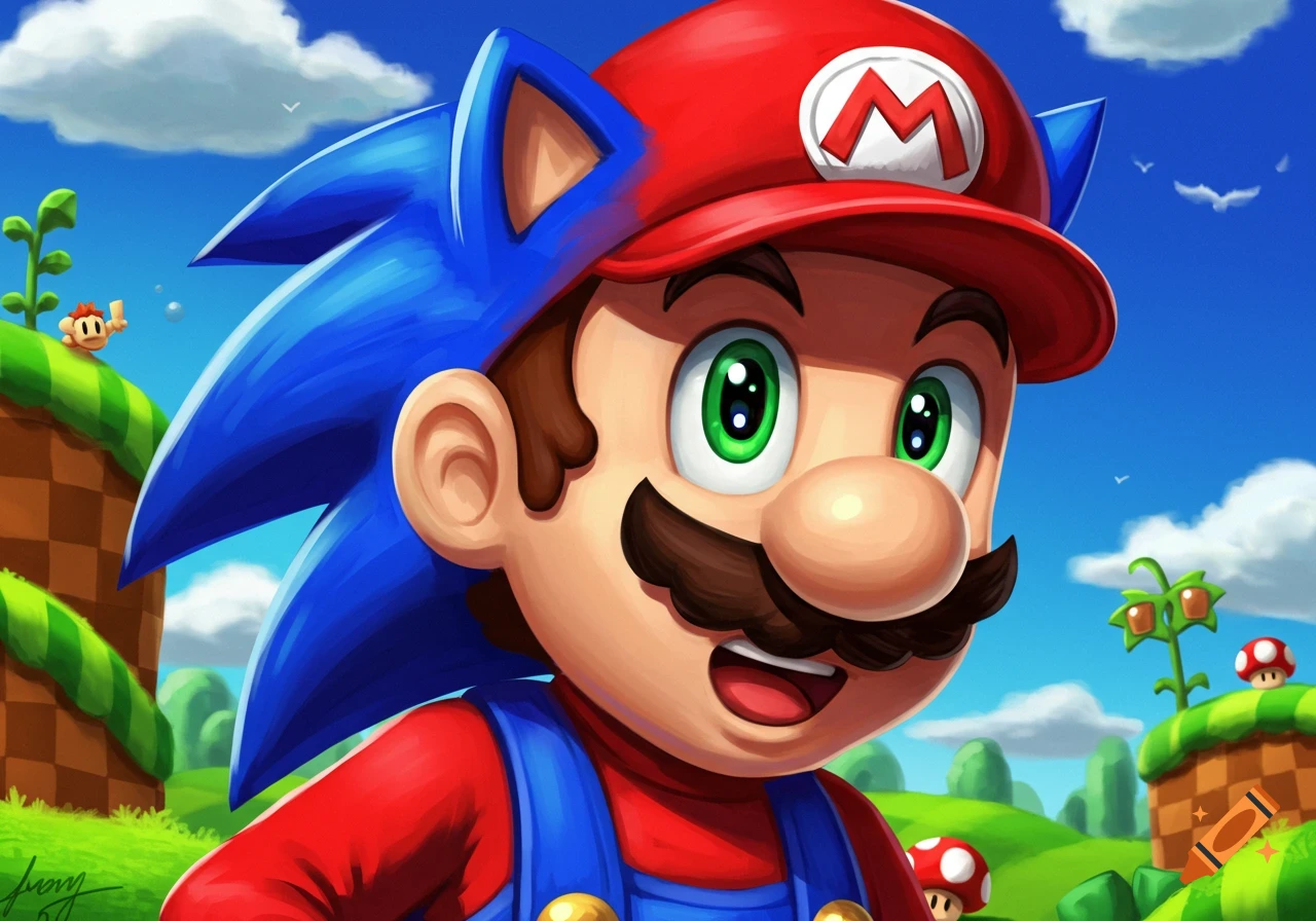 Close-up illustration of Mario mixed with Sonic, featuring blue quills and green eyes, set in a vibrant cartoon video game landscape.