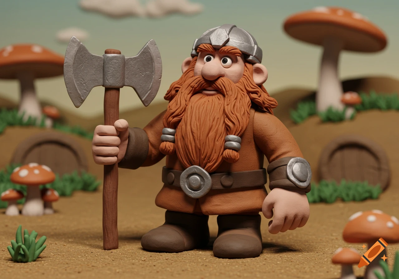 A claymation dwarf holds an axe in a mushroom forest.