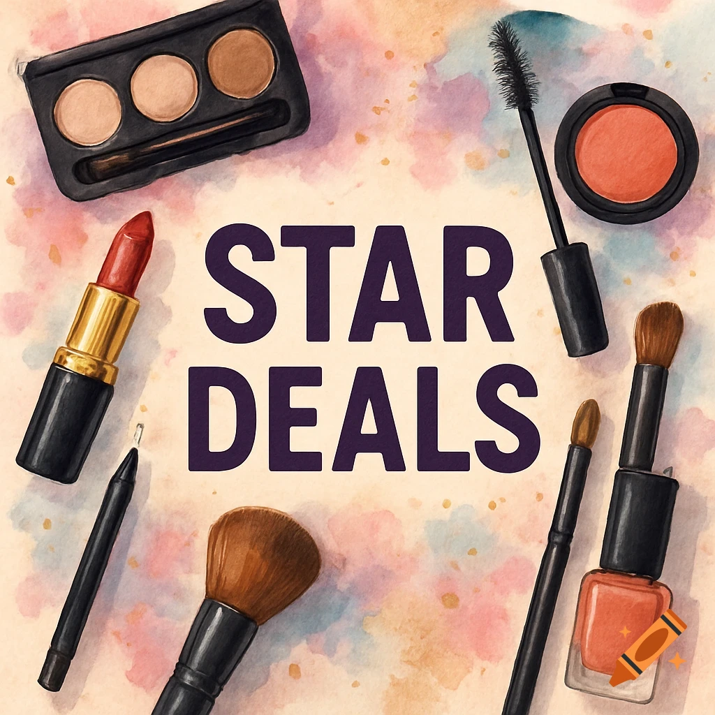 A watercolor illustration of various makeup products like eyeshadow, lipstick, mascara, brushes, and nail polish, surrounding the text 'STAR DEALS'.