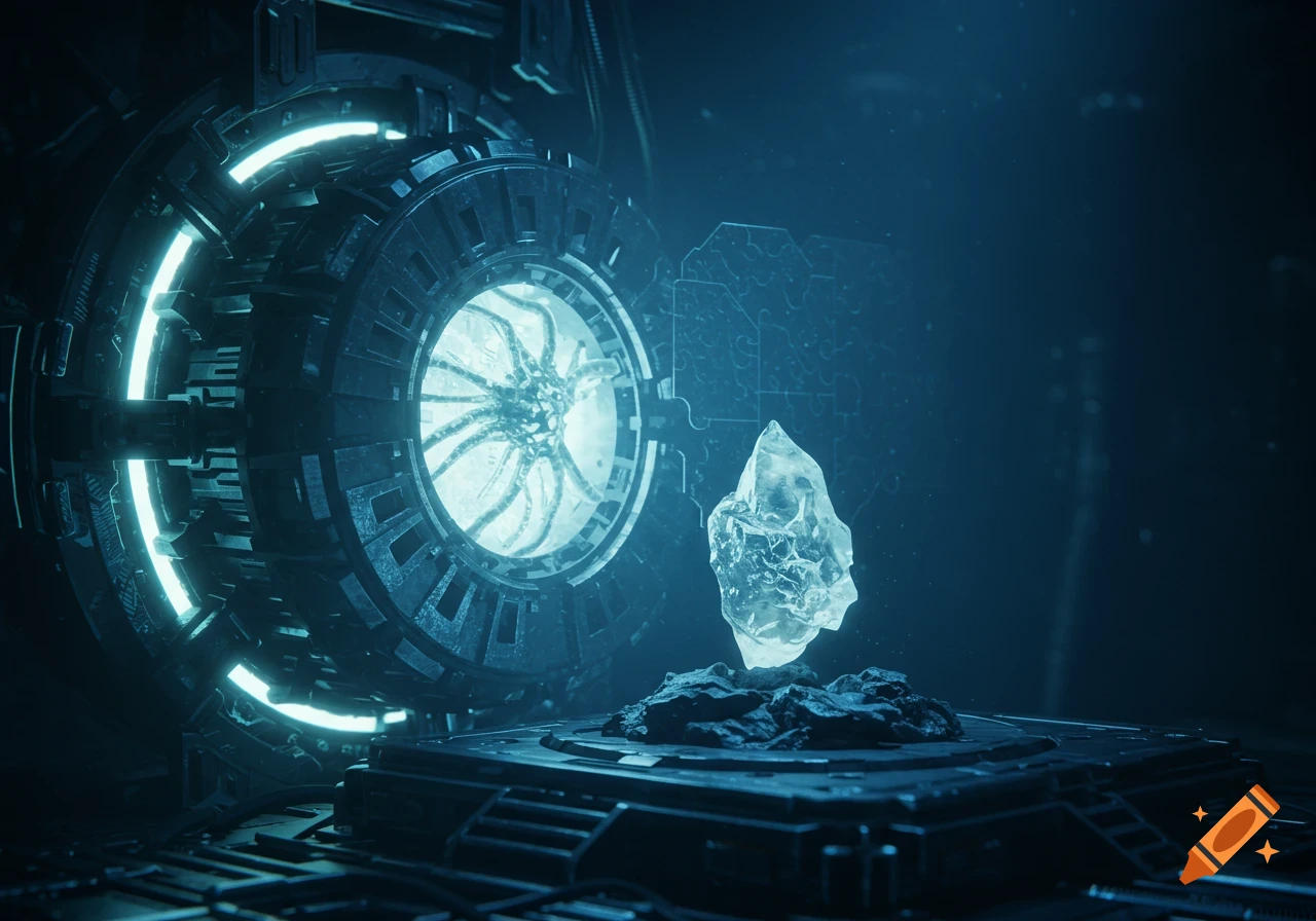 Futuristic machine with glowing core and tendrils next to a floating crystal on a platform.