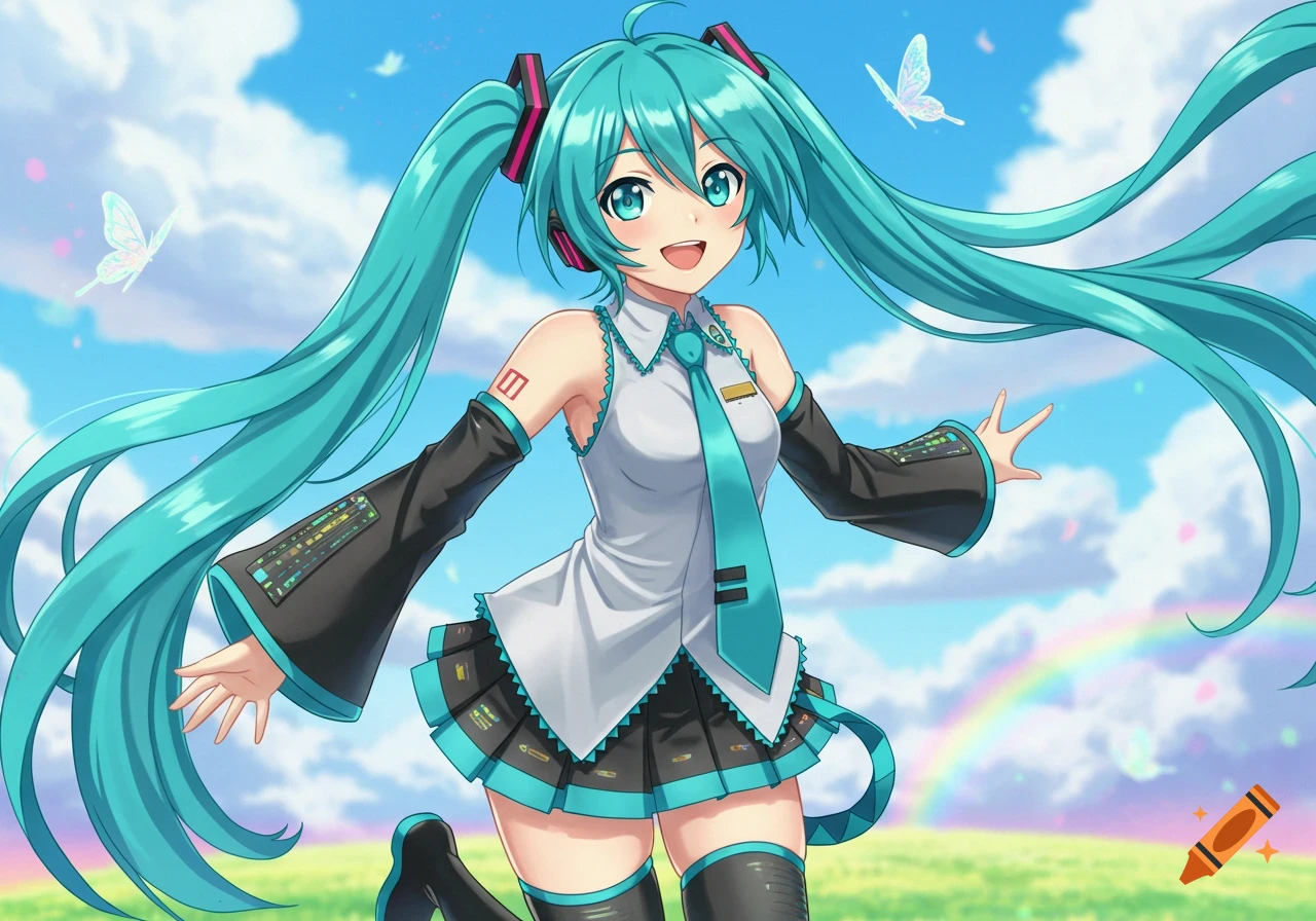 Anime illustration of Hatsune Miku with long blue twin tails smiling in a field with a rainbow and butterflies.