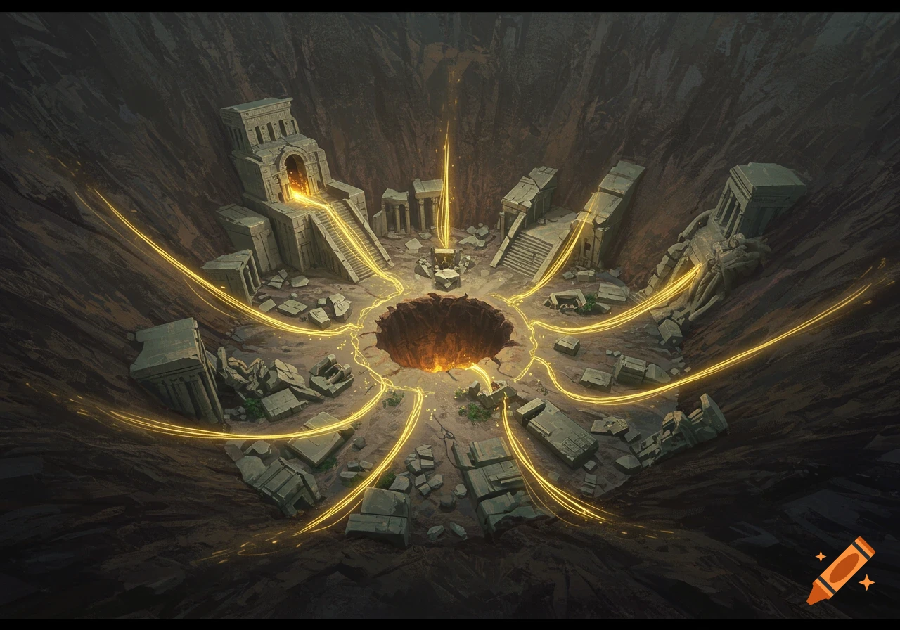 Top-down view of ancient ruined city in a crater with glowing golden threads.