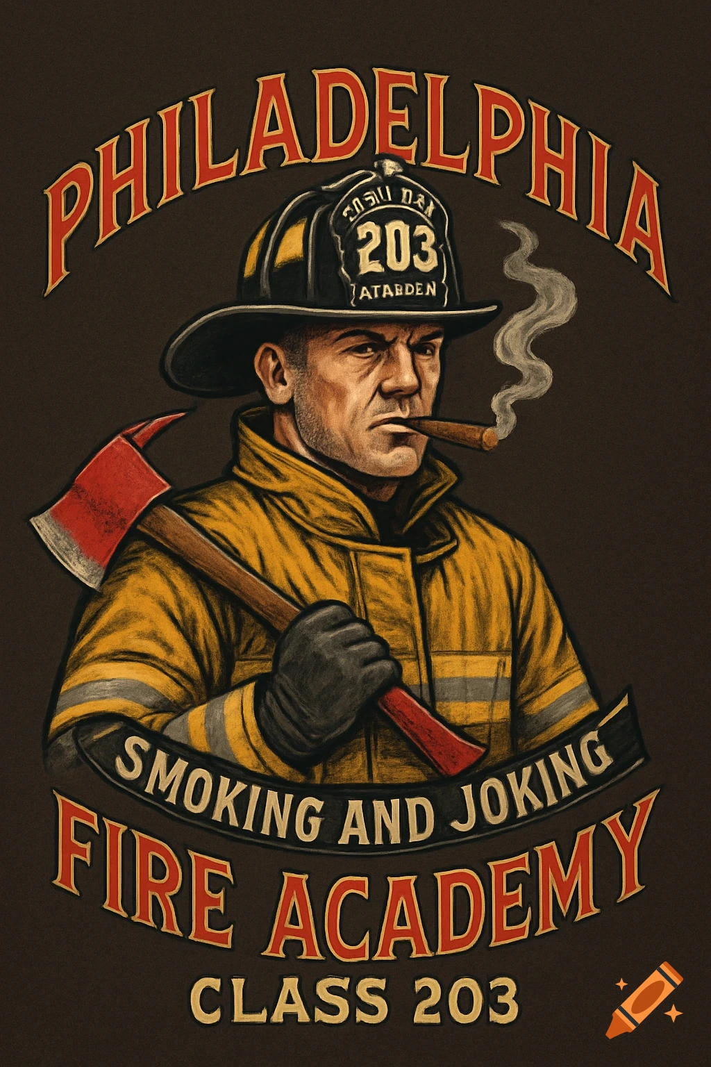 Illustration of a firefighter smoking a cigar and holding an axe, with text 'Philadelphia Fire Academy Smoking and Joking Class 203'.