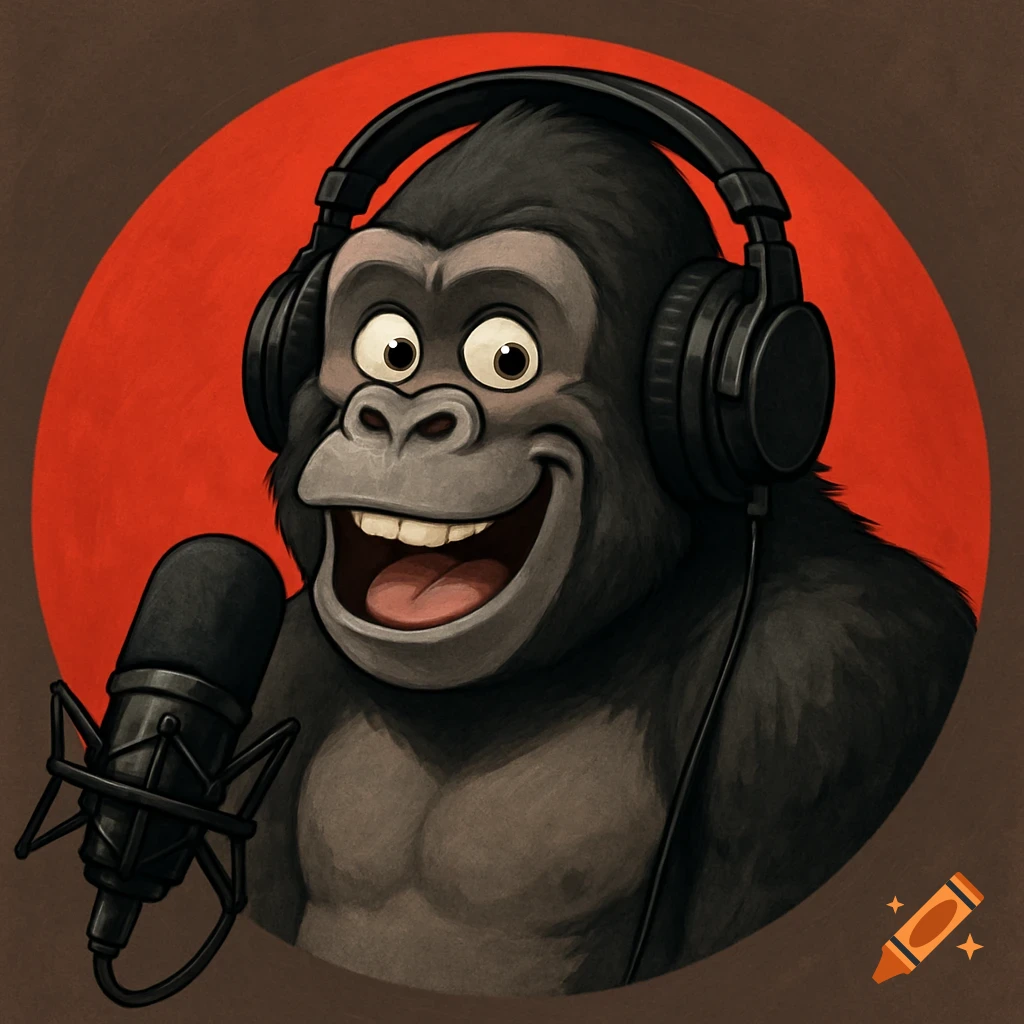 Cartoon gorilla wearing headphones and using a microphone in a red circle
