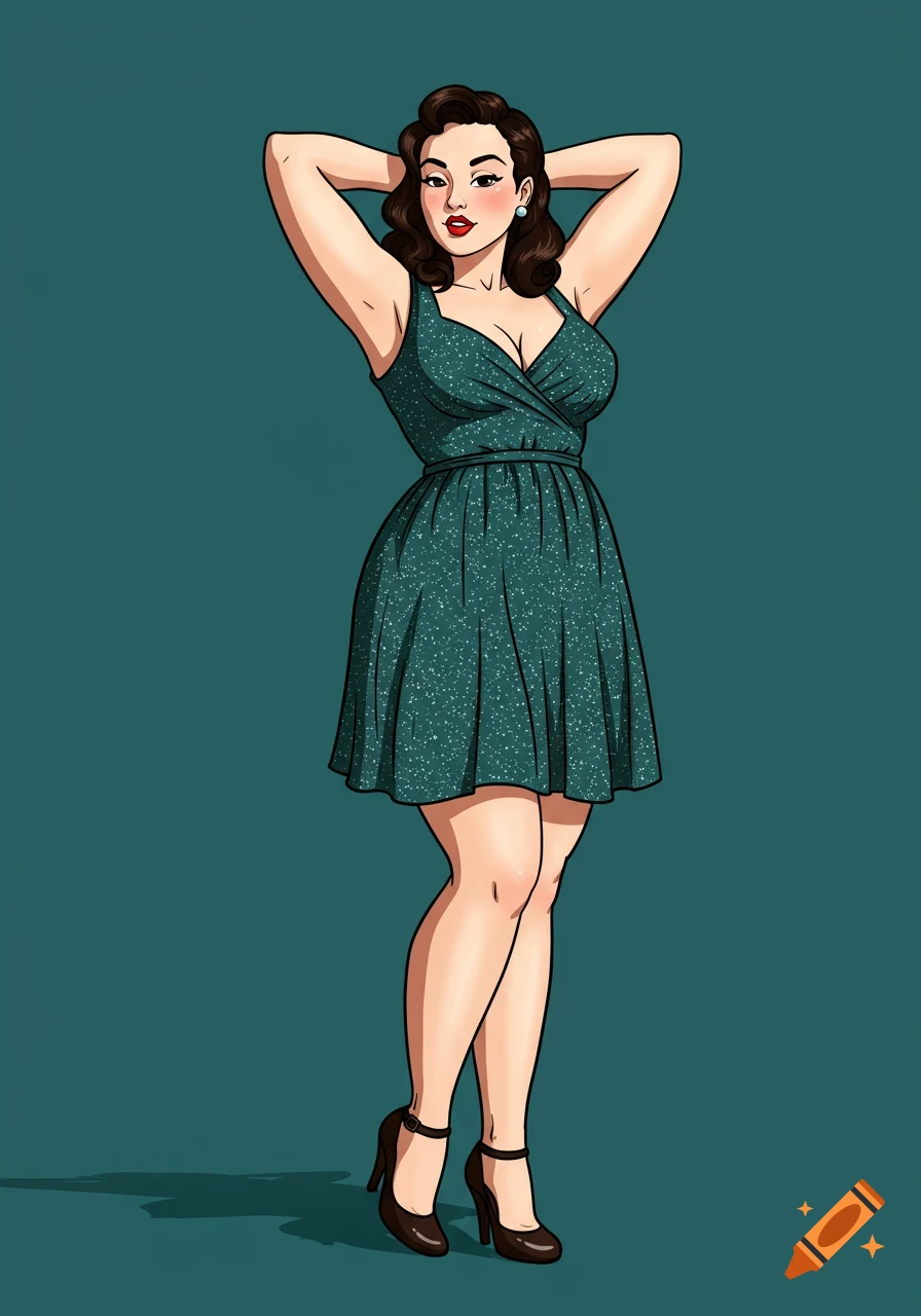 A full-body cartoon illustration of a curvy pinup girl in a green dress and heels, posing with hands behind her head.