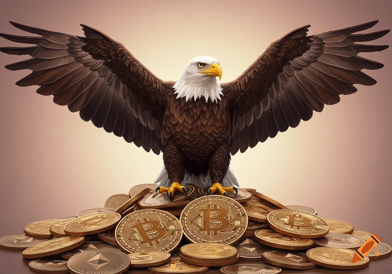 An eagle stands on a pile of cryptocurrency coins with its wings spread.