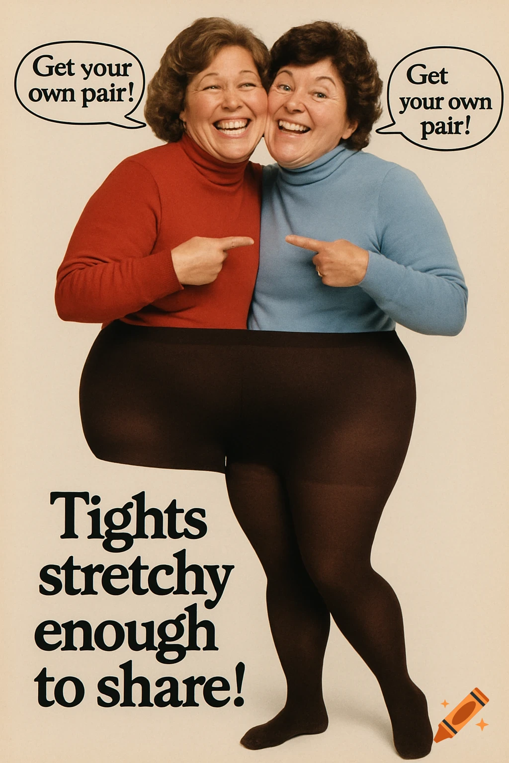 Humorous 1980s ad showing two women sharing a pair of tights with text overlay.