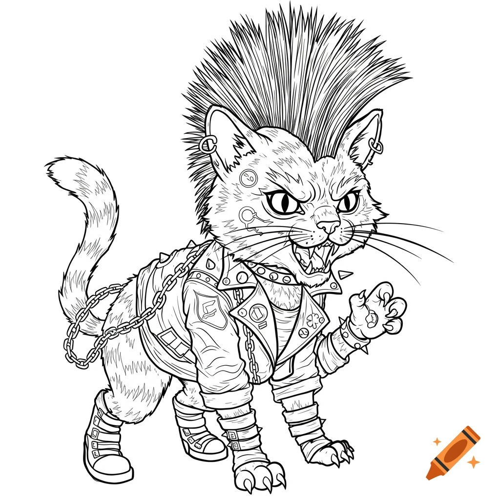 Black and white line art of a scary punk cat wearing a leather jacket and mohawk.