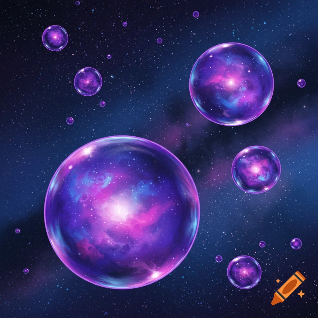 Purple cosmic bubbles float in a starry space background.