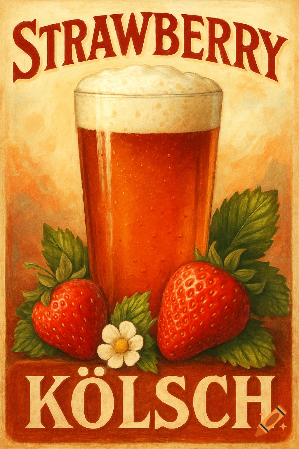 Vintage style advertisement poster for Strawberry K lsch beer with a glass and strawberries.