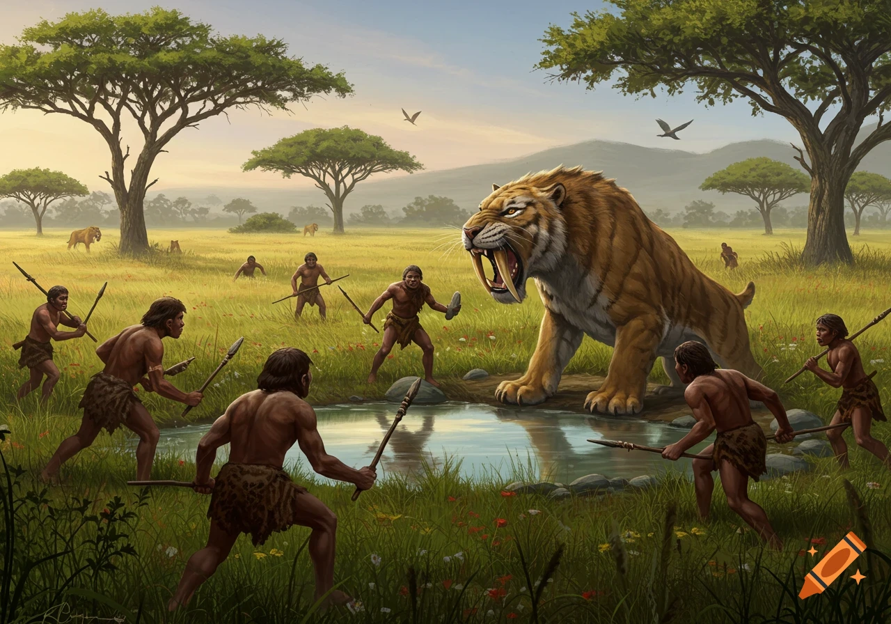 Ancient humans fend off a saber-toothed tiger near a spring in a grassland, illustrated.