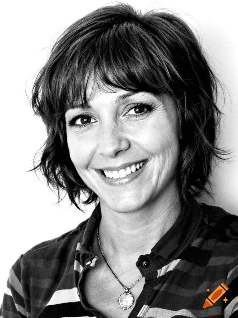 Black and white portrait of a smiling woman with short hair.