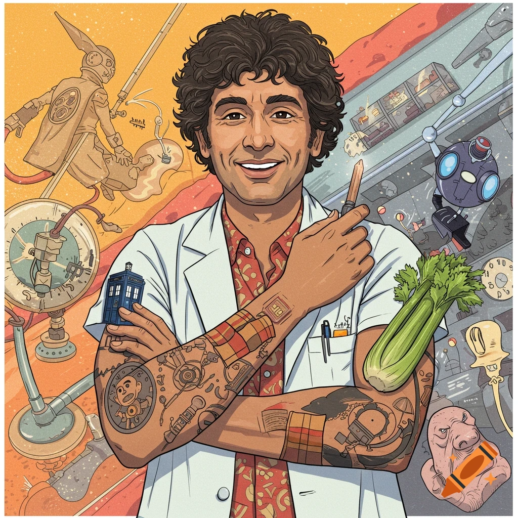 Illustration of a man in a lab coat with sci-fi tattoos, holding a TARDIS and celery, surrounded by gadgets.