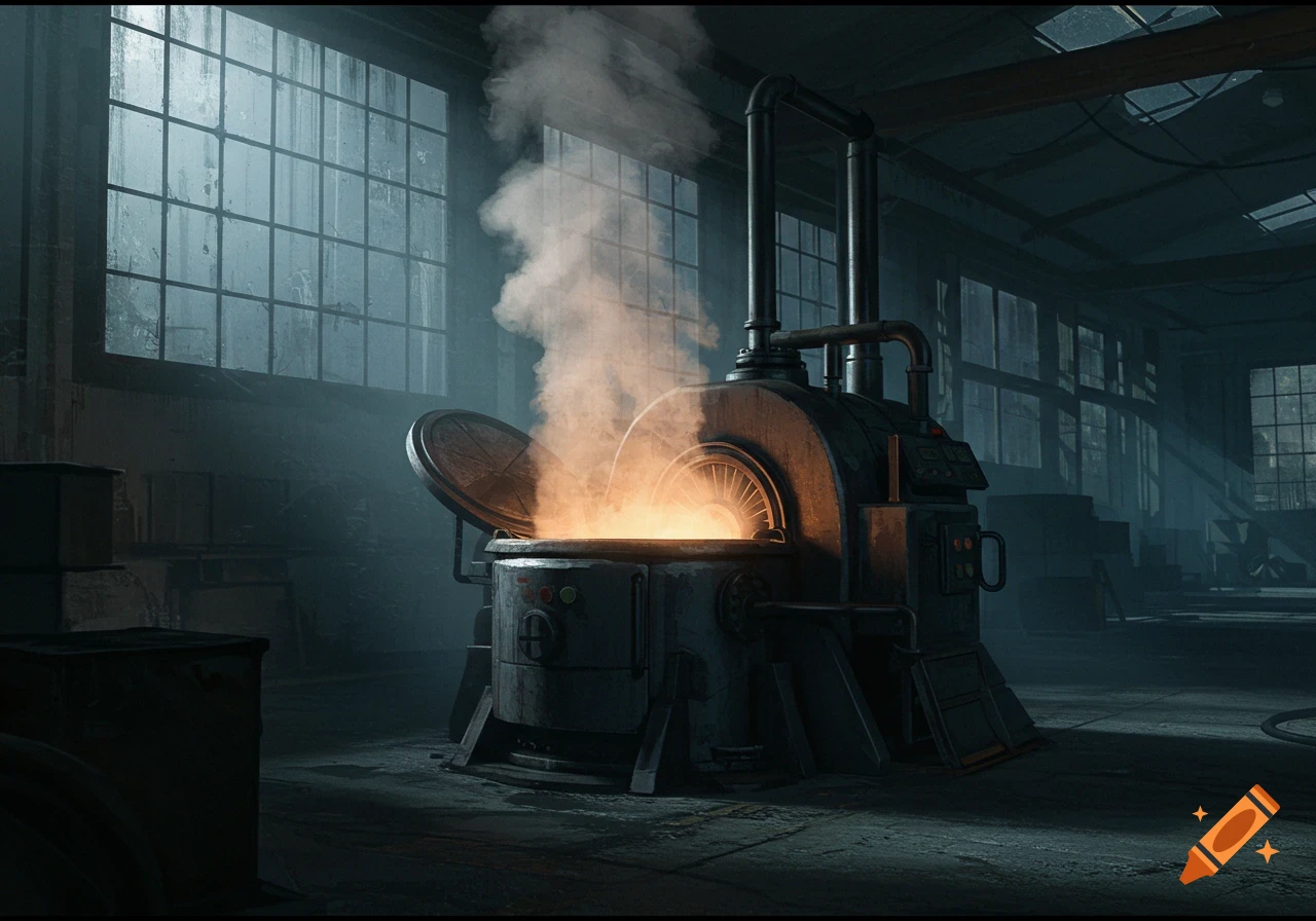 A steaming boiling machine in a dark, industrial warehouse interior with light beams.