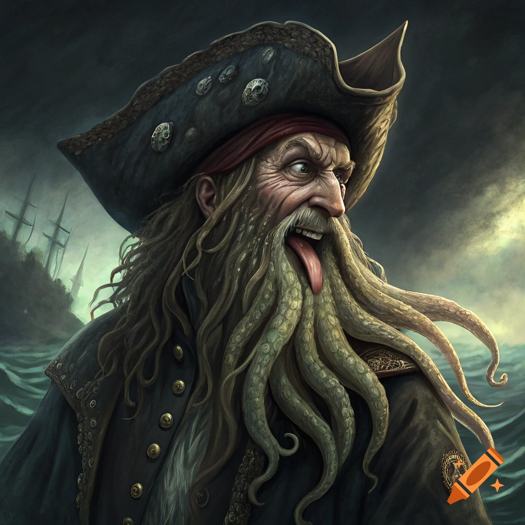 Close-up portrait of a gnarled pirate with a tentacle beard sticking his tongue out, on a stormy sea with a ship in the background.