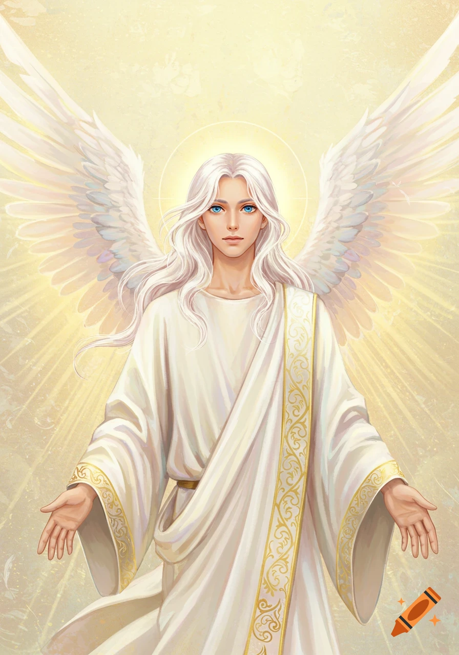 Illustration of an angel with white hair and wings in a white robe ...