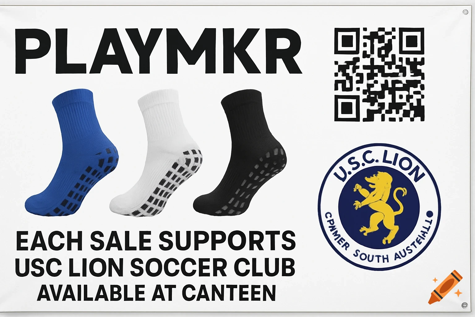Banner advertising PLAYMKR grip socks in blue, white, and black with QR code and text.