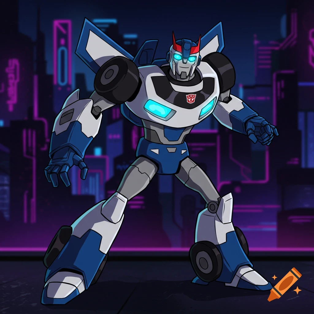 Blue and white robot from Transformers Animated standing in front of a futuristic city background.