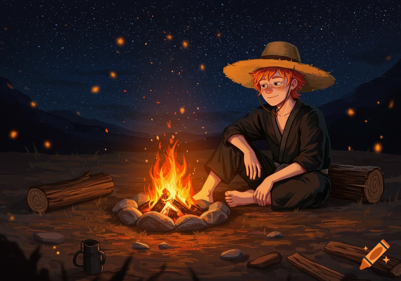 An illustration of a person in a straw hat and black gi sitting by a campfire under a starry night sky.