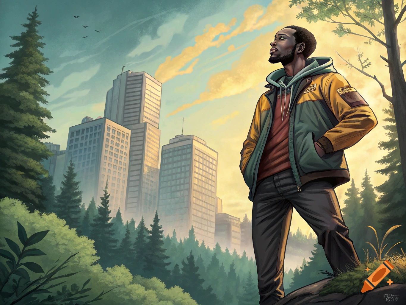 Illustrative portrait of a man standing on a hill looking at a distant city skyline surrounded by trees