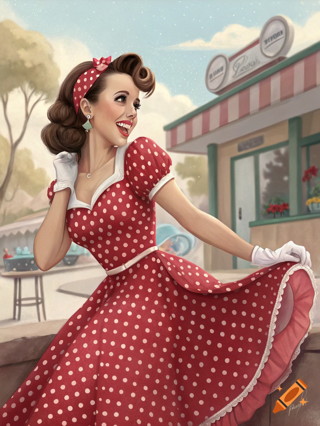 A woman in a red polka dot dress and white gloves poses in front of a retro storefront, styled as a 1940s pinup girl.
