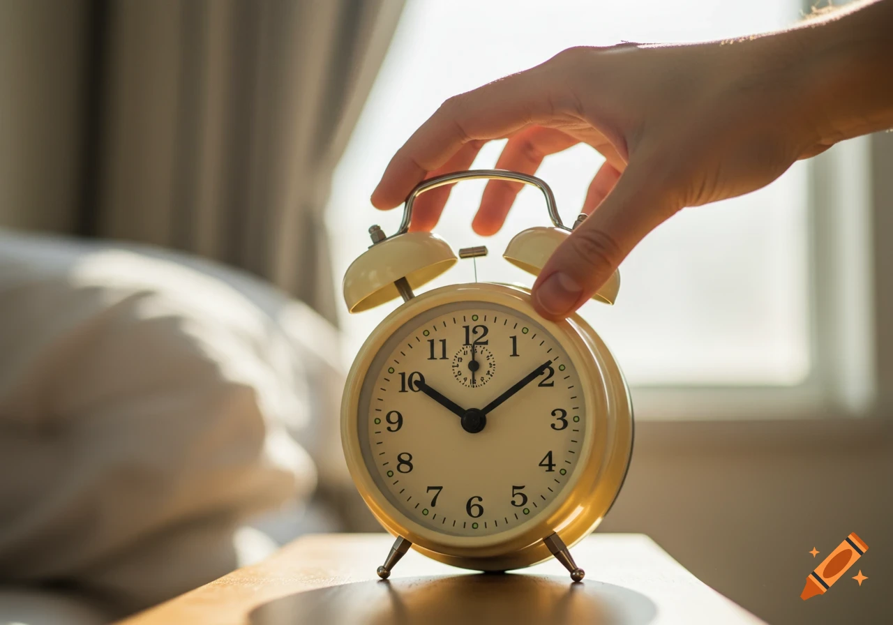 Hand reaching for vintage alarm clock on bedside table in morning light.