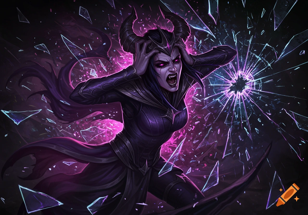 Gothic villain with horns screaming as glass shatters around them, digital art