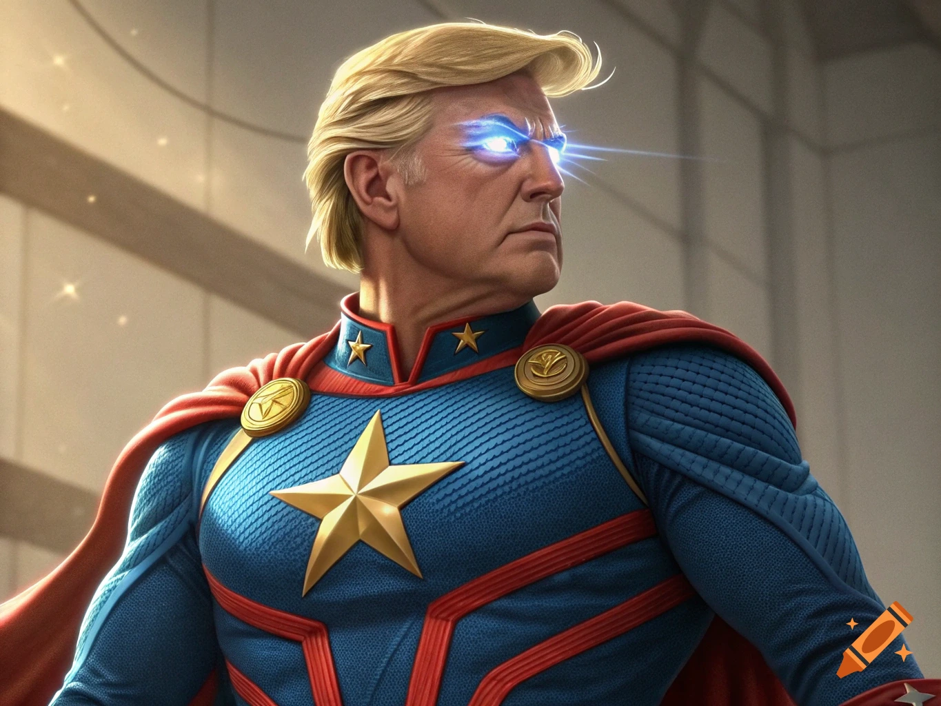 Man resembling Donald Trump in a superhero costume with laser eyes on  Craiyon