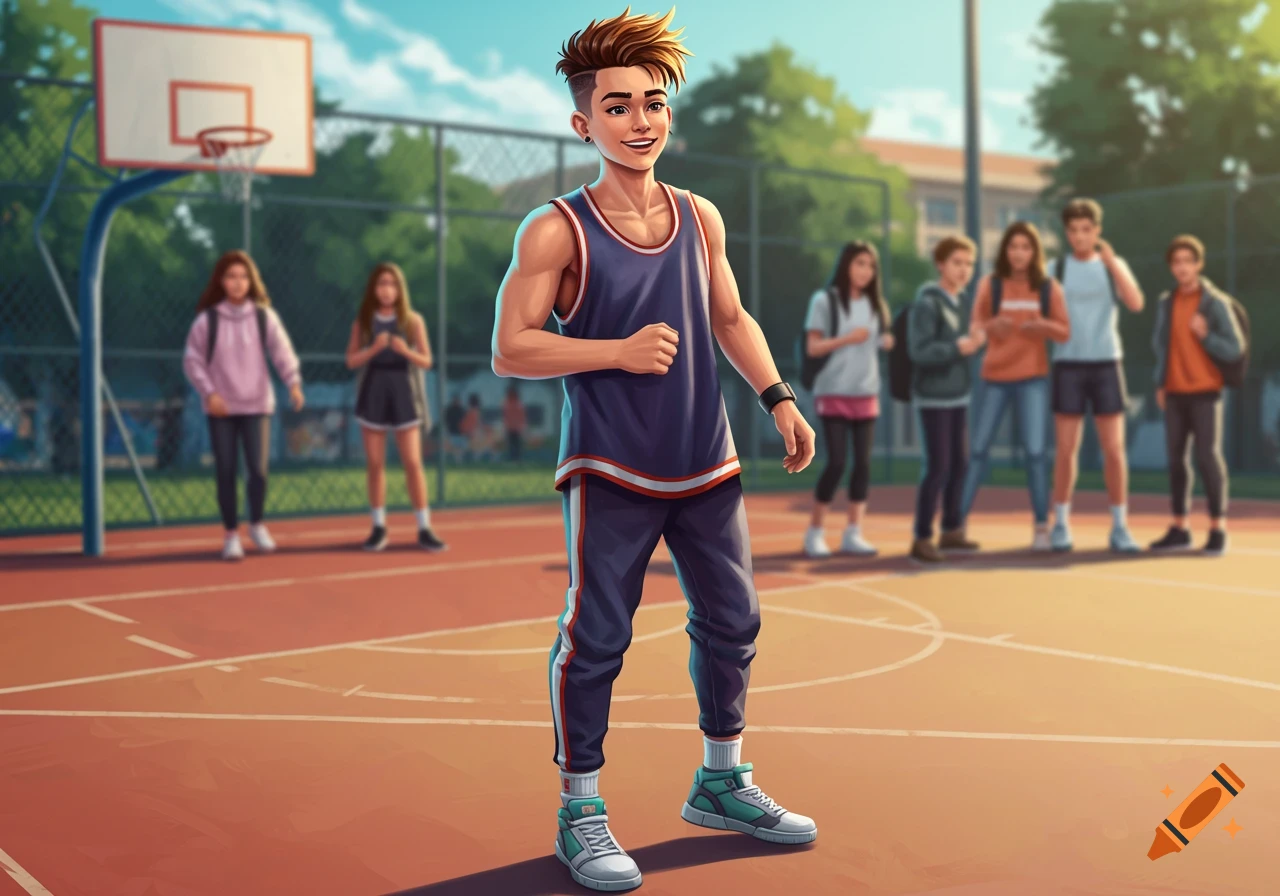 A sporty teenage boy standing on a basketball court with other teens in the background, illustration style.